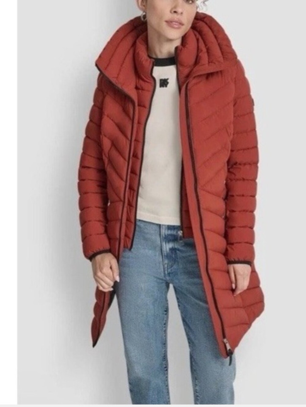 DKNY Hooded Puffer Burnt Orange Terracotta Quilted Chevron
